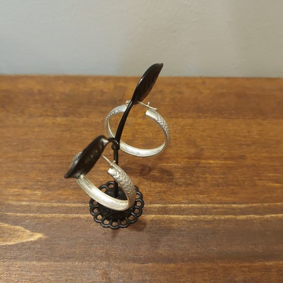 Mexican 925 Silver Checker Plate 3/4 Hoop Earrings - Picture 6 of 7